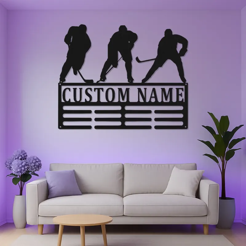 Panneau prénom hockey personnalisé | Décoration murale en métal LED pour salle de jeux | Silhouette de joueur personnalisée | Cadeau pour amateur de sport