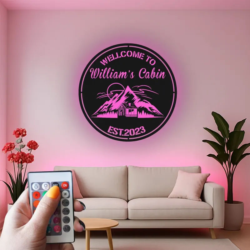 Custom Mountain Cabin Led Light Metal Wall Art Personalized Housewarming Gift Rustic Cabin Decor
