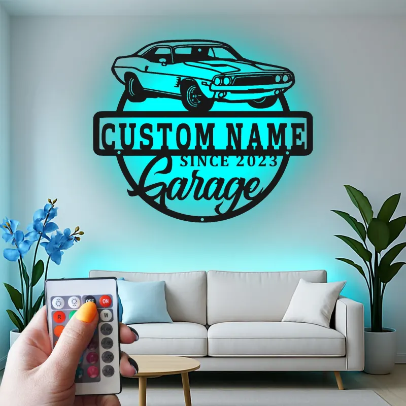 Insegna LED in metallo con muscle car su misura | Arte da parete personalizzata per garage | Arredo vintage per auto | Regalo per appassionati di auto | Arredo industriale per man cave