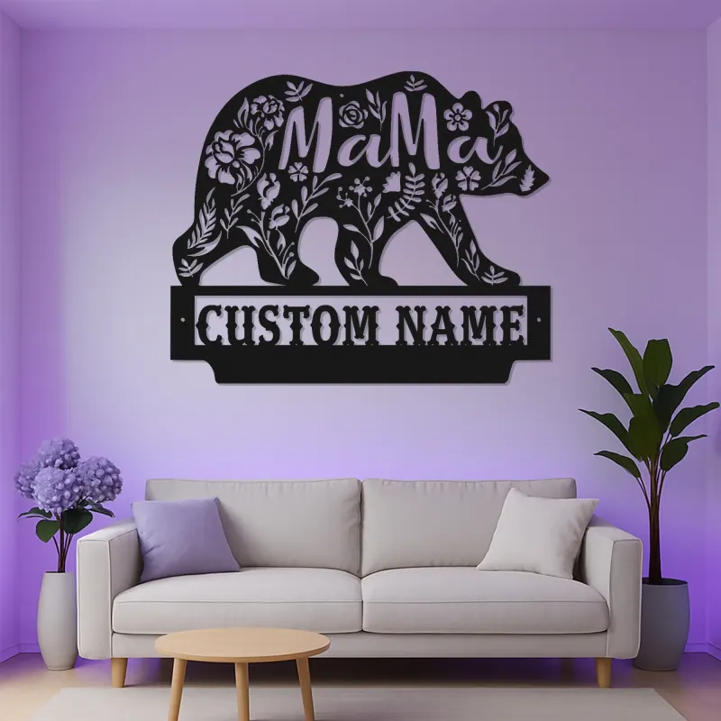 Arte mural de oso mamá | Cartel LED personalizado para cabaña de mamá | Decoración rústica de vida salvaje floral