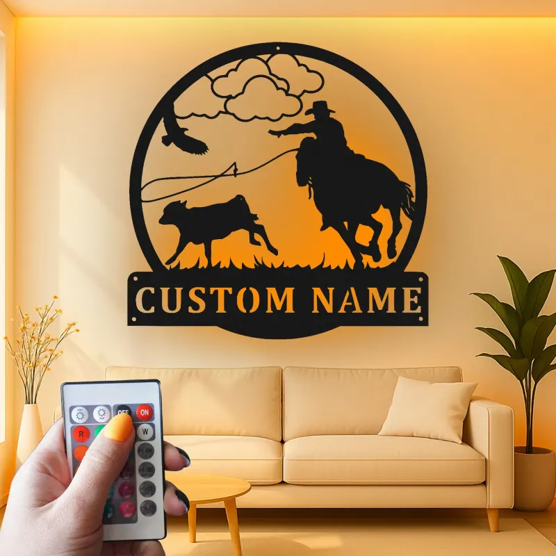 Personalisierte Cowboy-Rodeo-LED-Metall-Wandkunst – Western-Geschenk für Ihn, rustikale Ranch-Deko