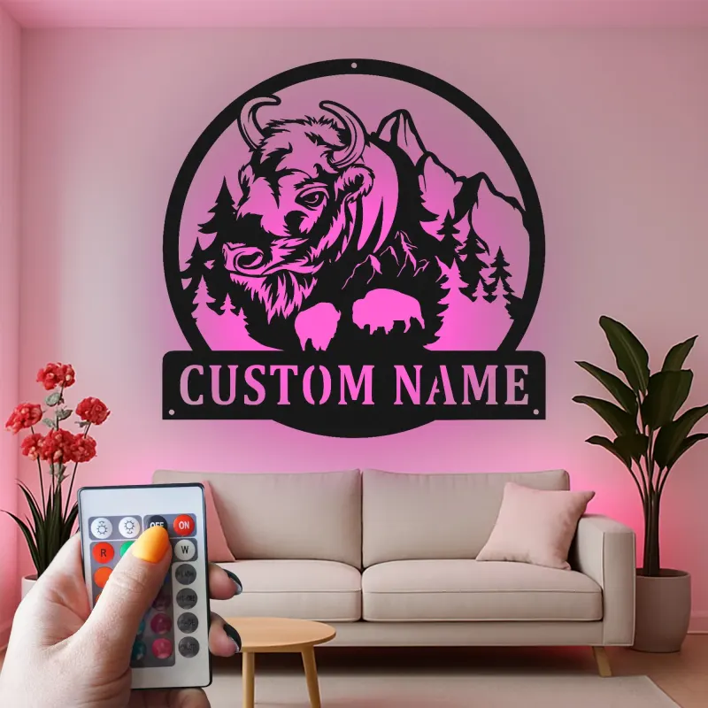 Cartel de metal LED personalizado de Bisonte y Montaña, regalo para amantes de la naturaleza, decoración rústica de cabaña