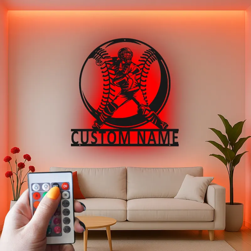 Insegna in metallo personalizzata per giocatore di softball con luce LED regalo per atleti decorazione per sala giochi sportiva