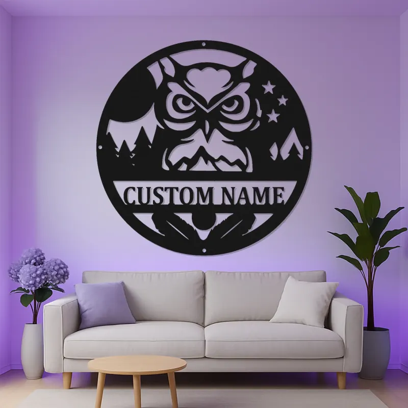 Insegna in metallo con gufo reale | Arte murale LED con nome personalizzato | Decorazione rustica su misura per baita e lodge per lui