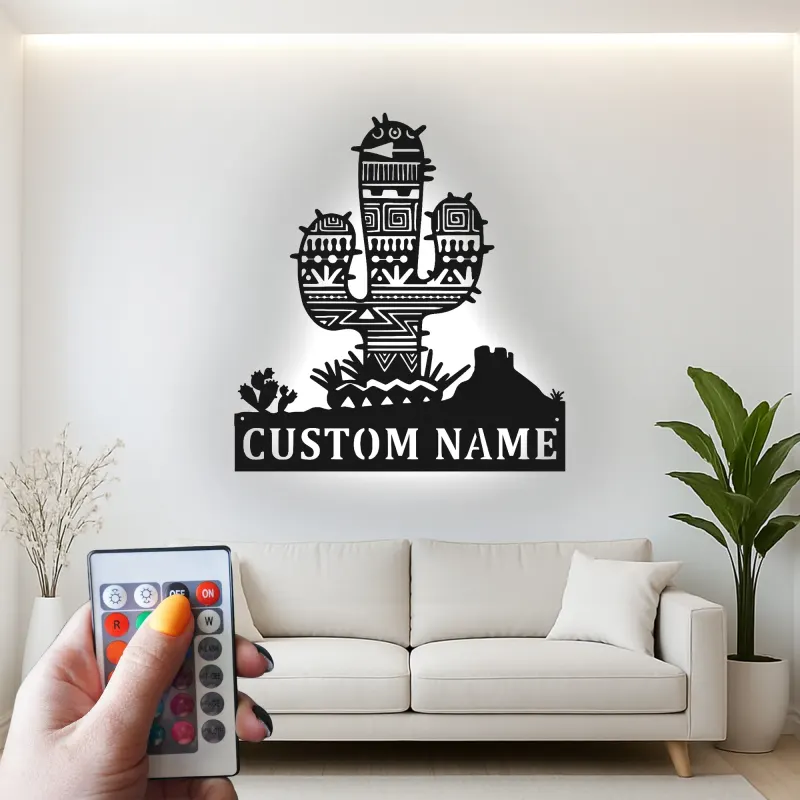 Décoration murale en métal personnalisée avec lumière LED en forme de cactus - Cadeau de décoration désert pour le salon