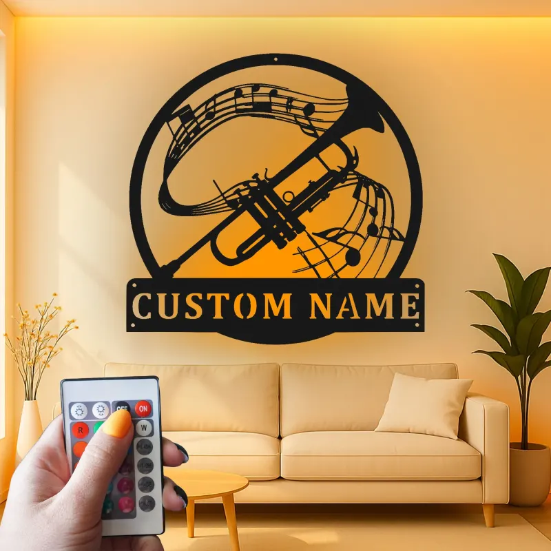 Insegna in metallo personalizzata con note musicali e LED per tromba - Regalo per musicisti - Decorazione per sala musica
