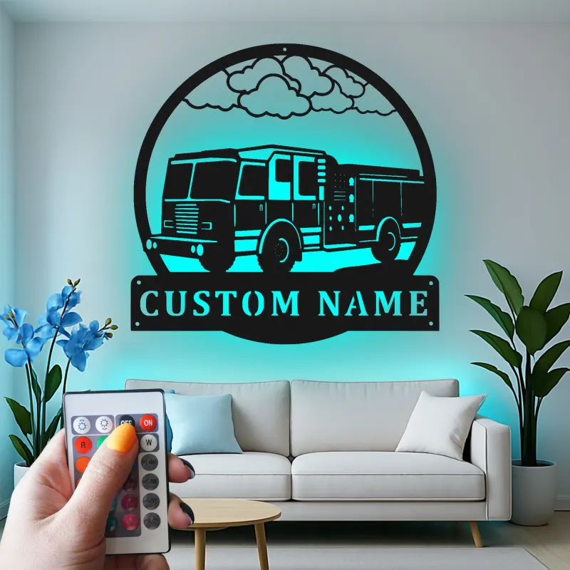 Personalized Fire Truck LED Sign | Custom Firefighter Gift | Metal Wall Art for Fire Station Decor