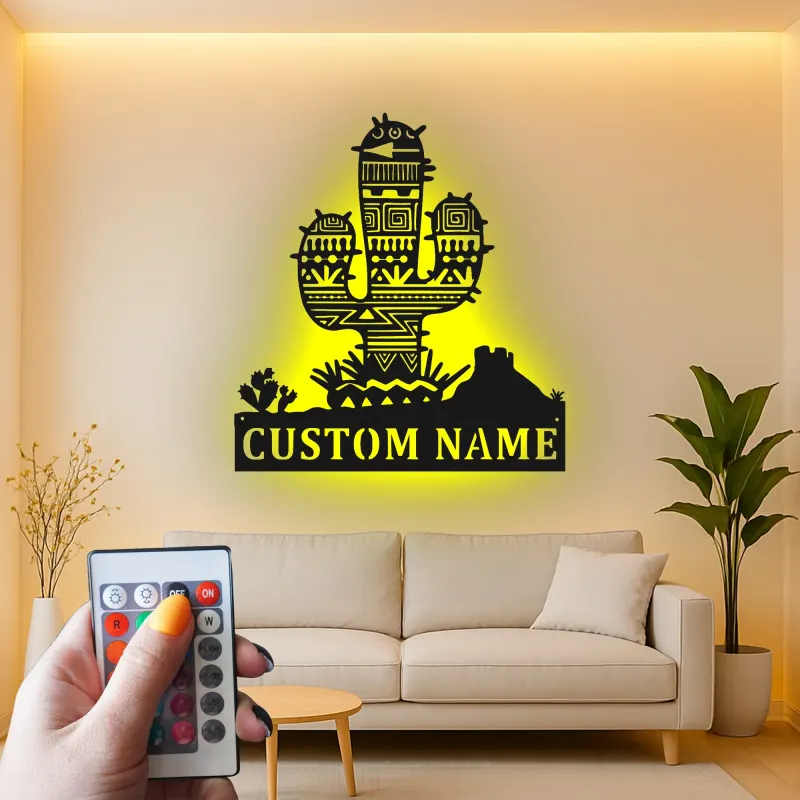 Décoration murale en métal personnalisée avec lumière LED en forme de cactus - Cadeau de décoration désert pour le salon