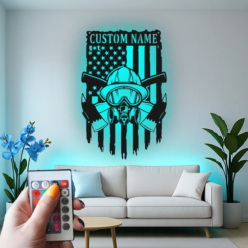 Personalized Firefighter LED Sign | Custom Fireman Metal Wall Art | Patriotic American Flag Decor for Home & Fire Station