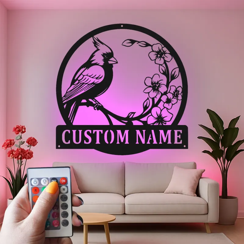Décoration murale en métal personnalisée avec lumière LED cardinal et fleurs