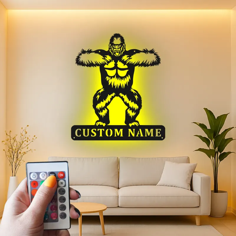 Personalisiertes Gorilla-Metallschild | Individuelle LED-Wandkunst | Man Cave Dekor & Geschenk für Tierliebhaber | Gym Namensschild