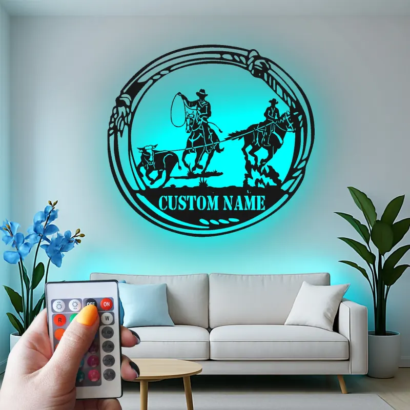 Décoration murale en métal personnalisée Cowboy Rodeo avec rétroéclairage LED - Cadeau western pour les éleveurs - Décor de salon rustique