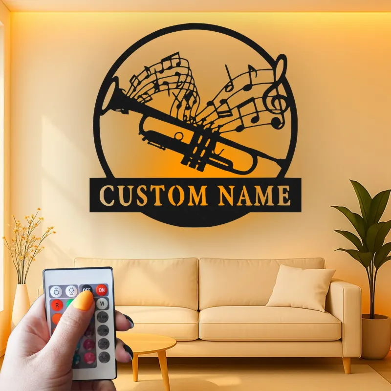 Décoration murale en métal personnalisée avec rétroéclairage LED - Cadeau pour musiciens - Décor de salle de musique avec notes de musique et trompette