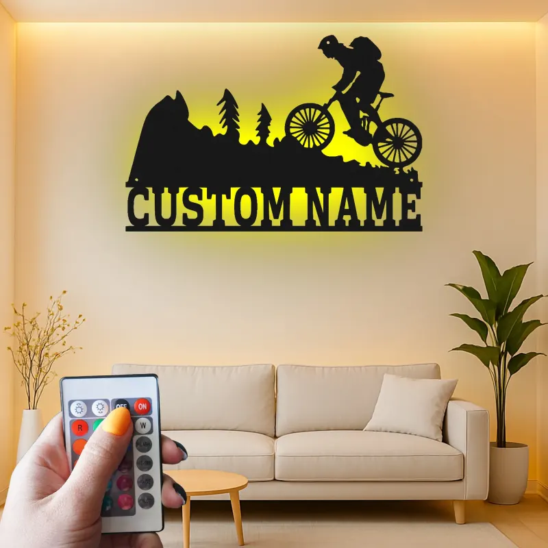 Custom Mountain Biker Sign | Personalized Cyclist LED Metal Wall Art | Outdoor Adventure Decor Gift for Bike Lovers