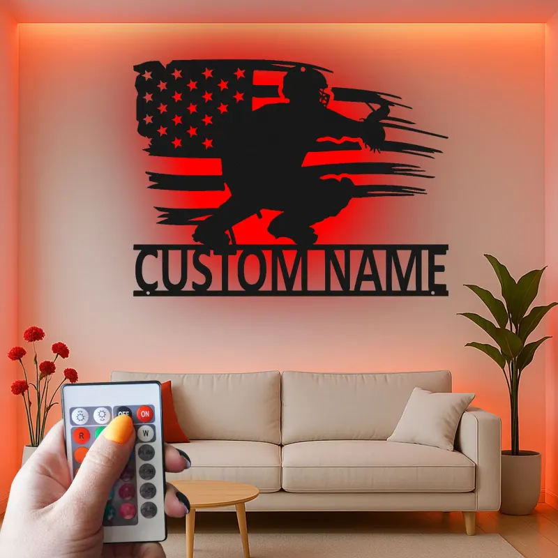 Custom Baseball Catcher Led Light Metal Wall Art Personalized Gift for Baseball Fans Game Room Sports Decor