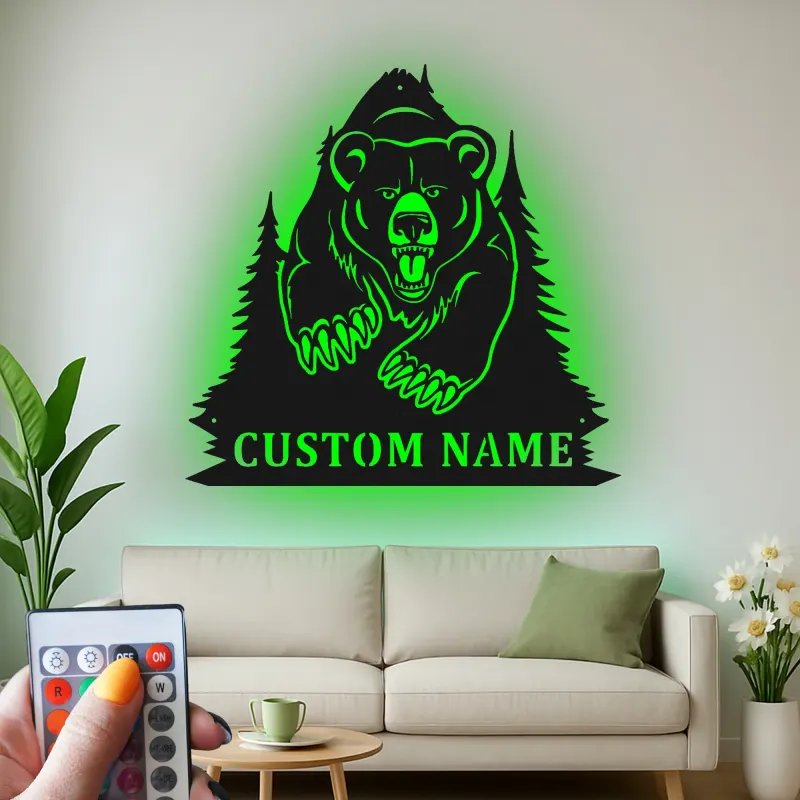 Insegna in metallo personalizzata con orso retroilluminato, regalo di fauna selvatica per amanti della natura, decorazione per cabina