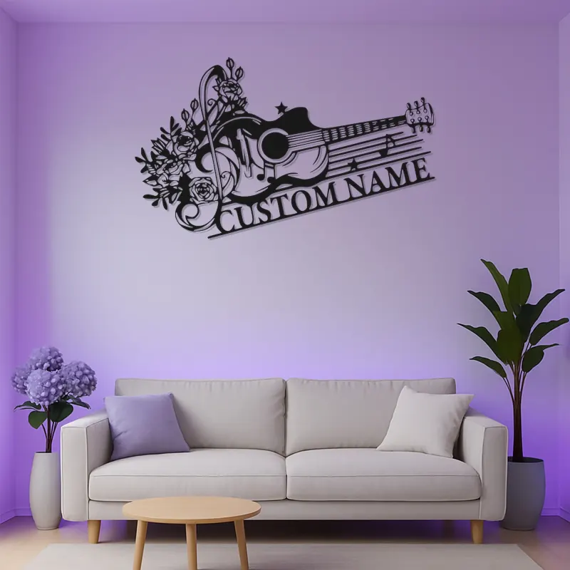 Personalized Guitar LED Sign | Custom Metal Wall Art for Music Room | Floral Musician Gift | Boho Home Decor