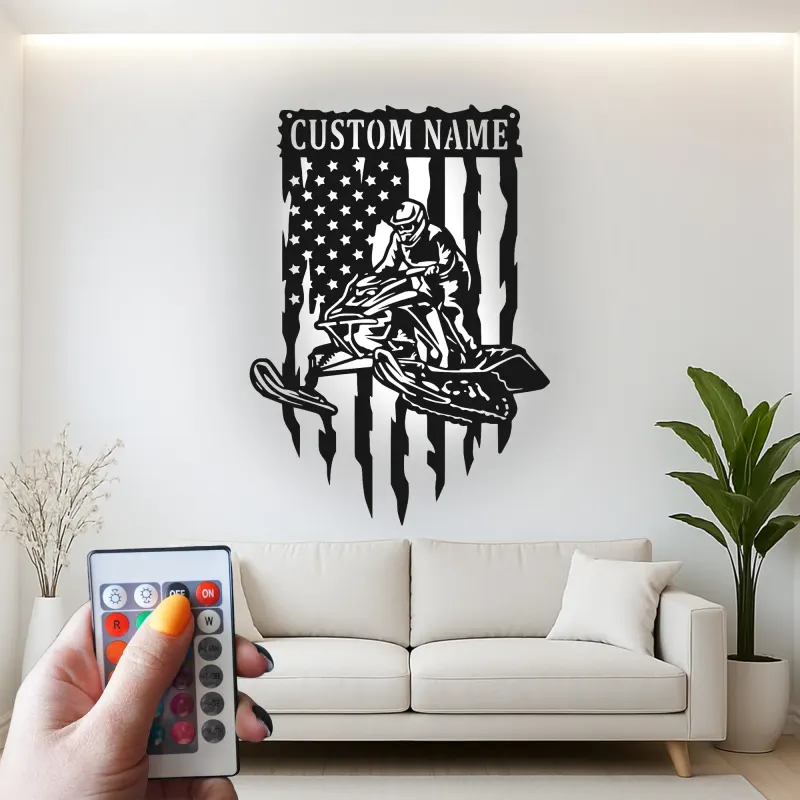 Custom Snowmobile Metal Sign | Personalized American Flag LED Wall Art | Winter Sports Decor Gift for Him | Garage & Man Cave Sign