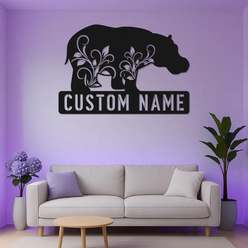 Custom Hippo Metal Wall Art LED Lighted | Personalized Wildlife Decor | Cabin & Rustic Home Accent