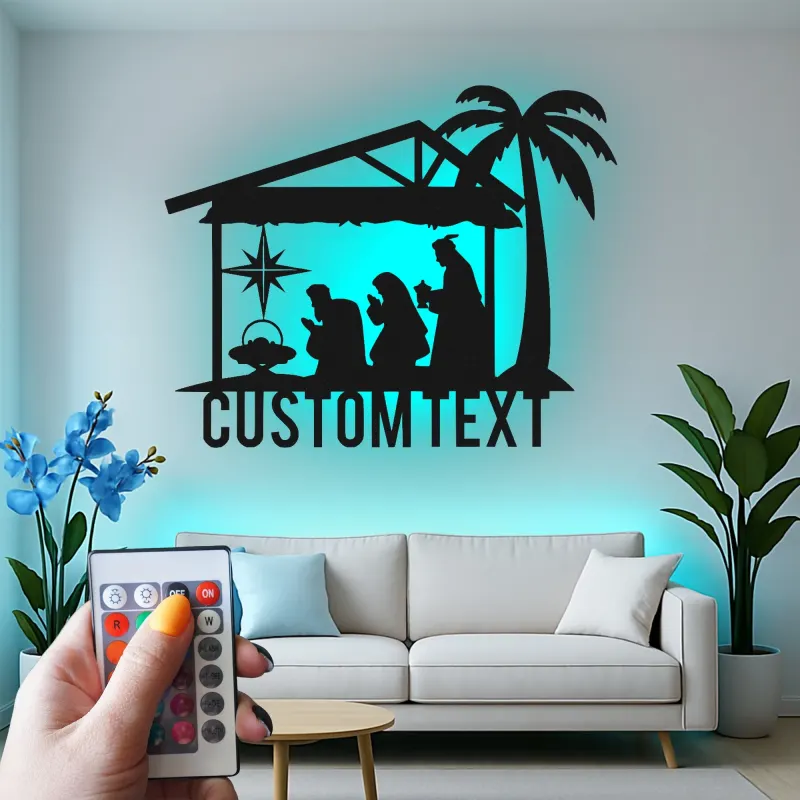 Panneau LED personnalisé de crèche | Art mural en métal pour Noël | Décor religieux de fête | Idée cadeau pour famille chrétienne