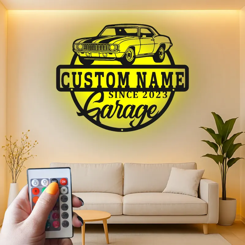 Insegna in metallo LED personalizzata per garage con auto muscolare regalo per appassionati di auto decorazione man cave 2