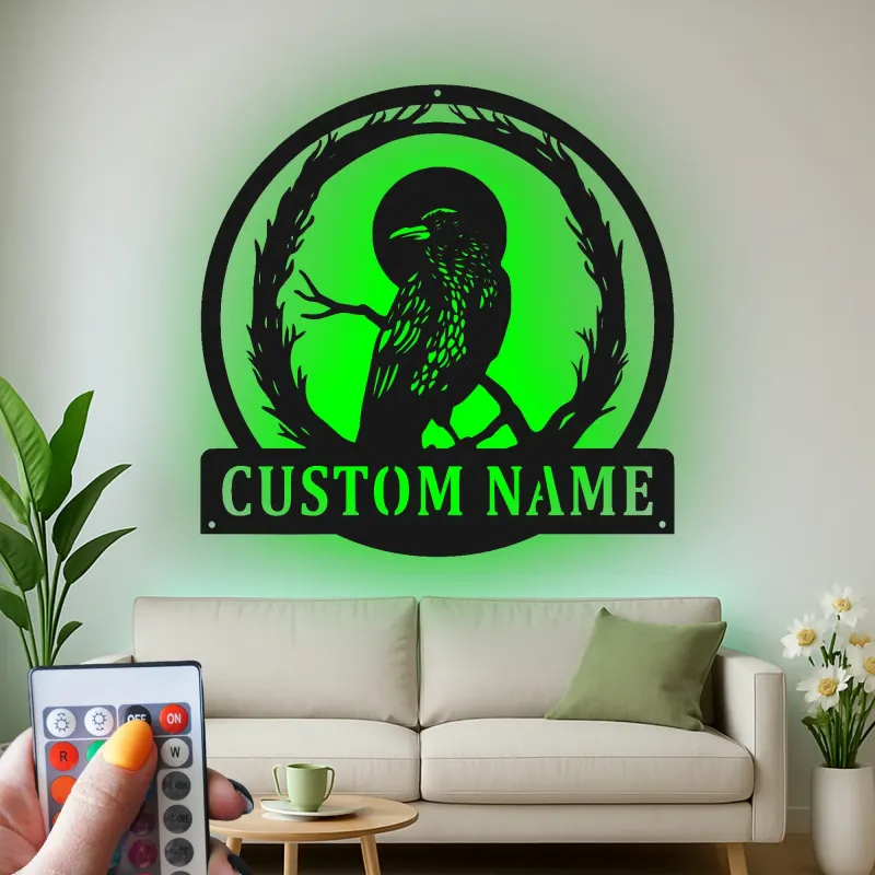 Insegna in metallo Raven personalizzata con LED | Arte murale gotica per uccelli | Decorazione rustica per cabina, soggiorno o ufficio