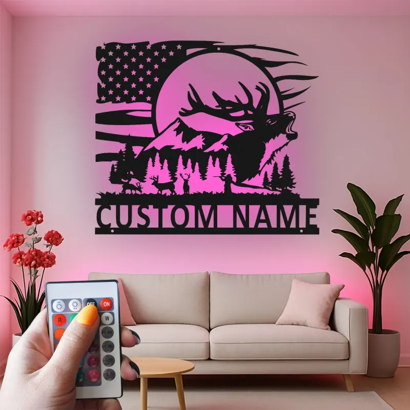 Personalisierte LED-Metall-Wandkunst mit Elch und Berg – Geschenk für Naturliebhaber, Hütten- oder Lodge-Deko