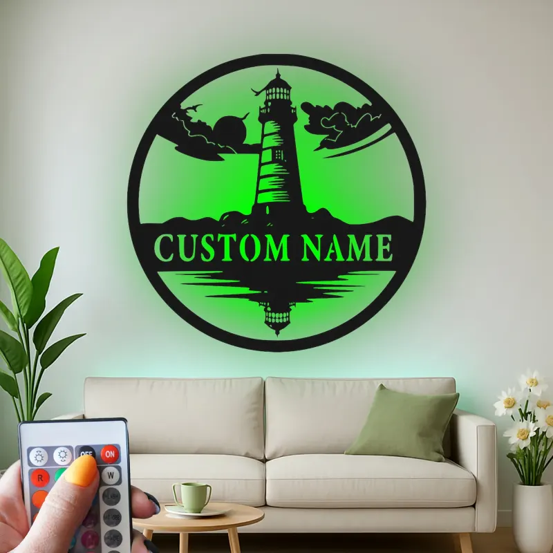 Insegna LED in metallo personalizzata con faro | Arte murale costiera personalizzata | Regalo per casa al mare | Silhouette marina