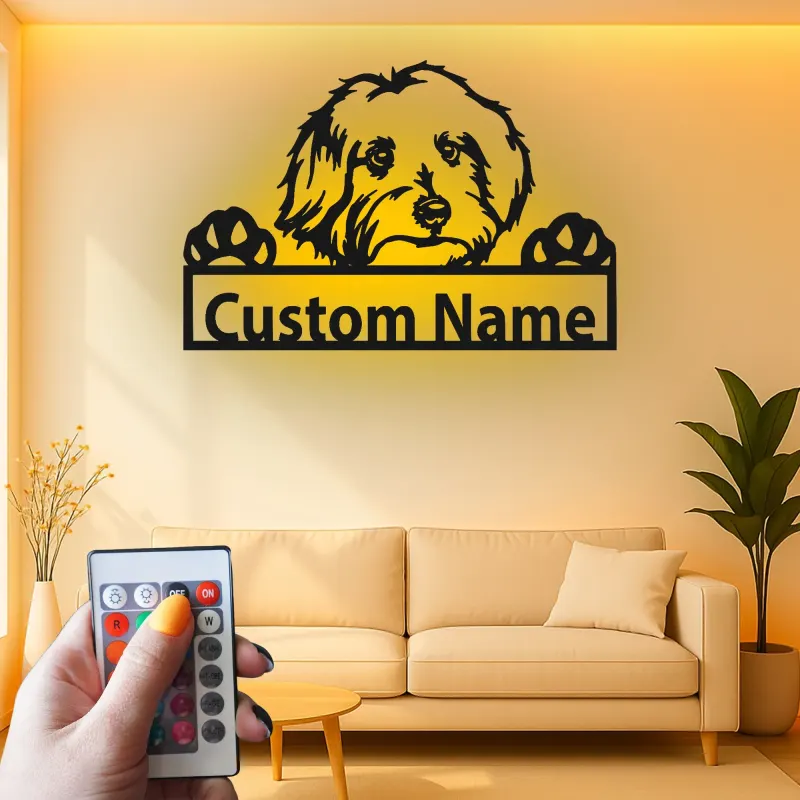Cartel de metal personalizado con silueta de perro y luz LED, regalo para amantes de mascotas, decoración para salón