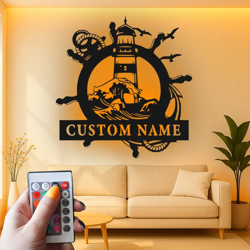 Insegna in metallo personalizzata Faro | Arte murale nautica LED | Decorazione per casa al mare personalizzata | Regalo per marinai e accento per casa costiera