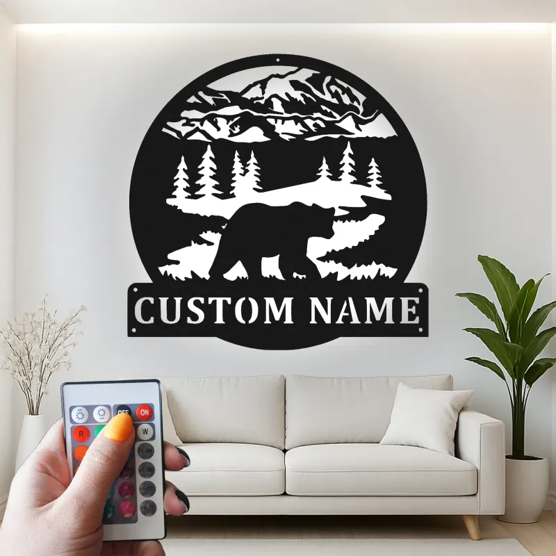 Custom Bear Mountain Scene Led Light Metal Wall Art Personalized Gift for Nature Lovers Cabin Decor