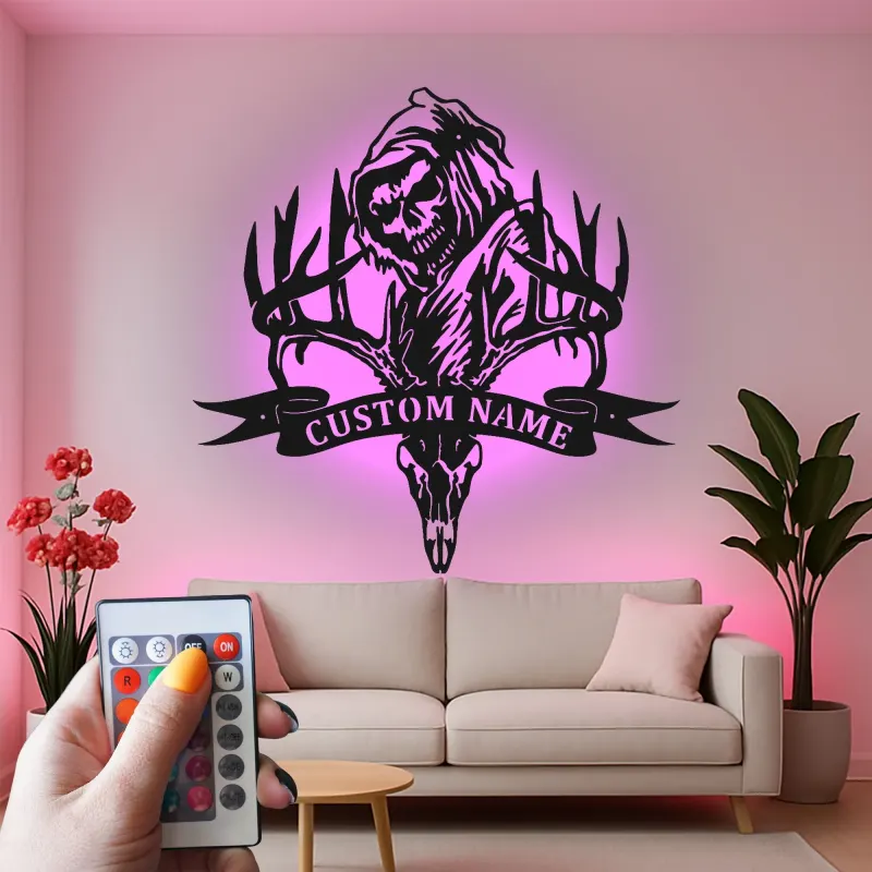 Plaque en métal Tête de cerf et Faucheuse | Décoration murale LED personnalisée pour chasseur | Déco sur mesure pour man cave et lodge