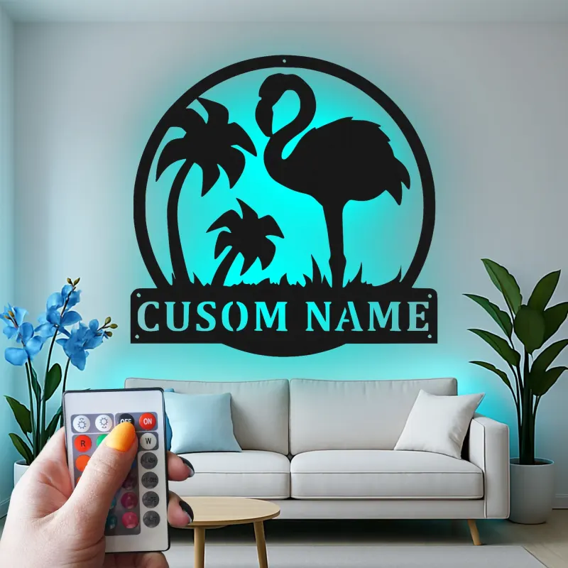 Cartel LED de flamenco personalizado | Arte mural de metal personalizado | Decoración tropical para patio y salón