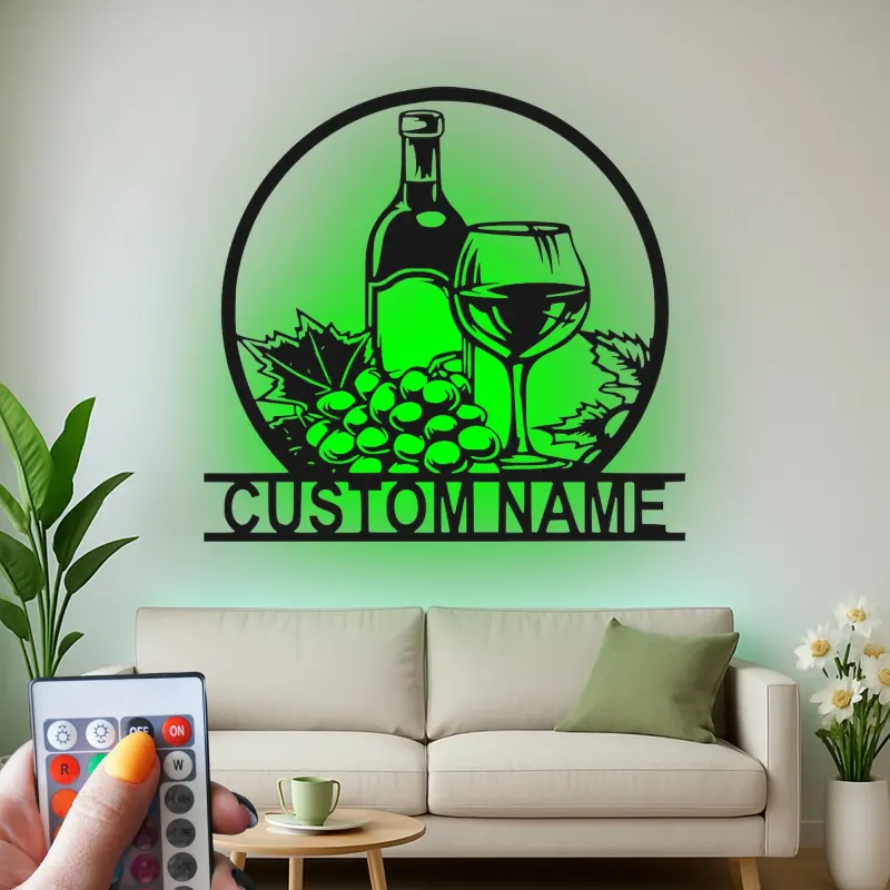 Custom Wine Bottle and Glass Led Light Metal Wall Art Personalized Wine Lover Gift Kitchen or Bar Decor