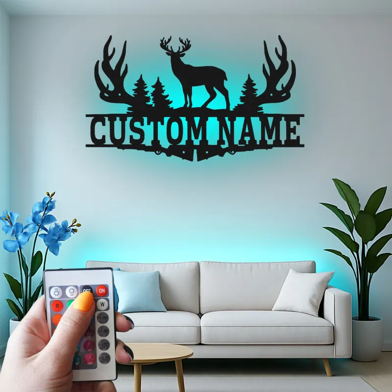 Cartel de metal personalizado con luz LED de asta de ciervo Regalo personalizado para cazadores Decoración de cabaña rústica 1
