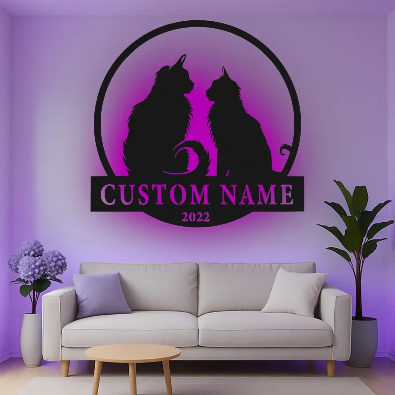 Custom Cat Couple Led Light Metal Wall Art Personalized Pet Lover Gift Living Room or Bedroom Decor