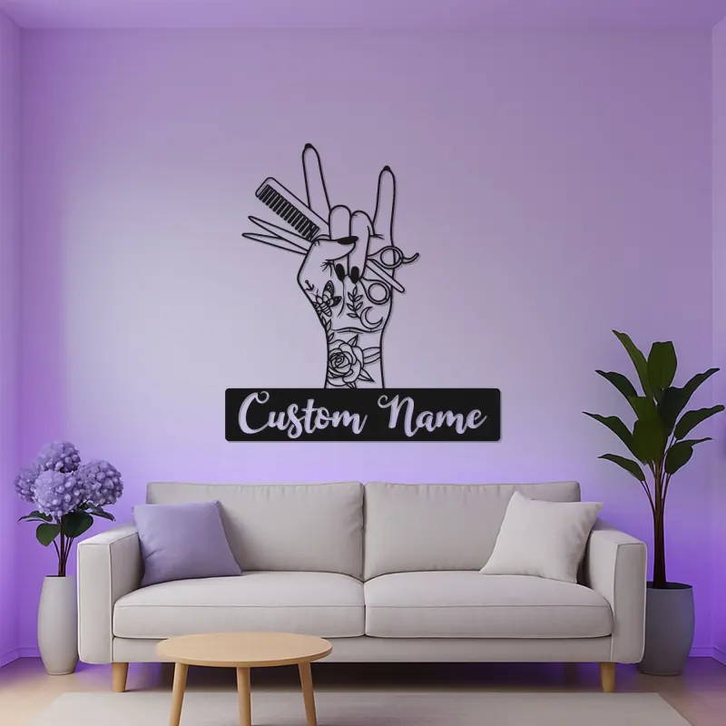 Enseigne LED en métal pour coiffeur | Décoration murale de salon personnalisée | Art sur mesure pour barber shop | Plaque nominative inspirée du tatouage