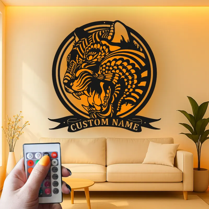 Arte in metallo LED Tigre Ruggente | Insegna personalizzata per Man Cave | Decorazione per sala giochi con nome personalizzato | Luce silhouette animale feroce
