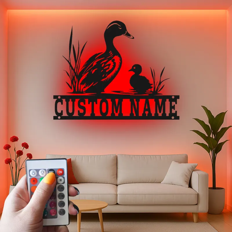 Custom Duck Family Led Light Metal Wall Art Personalized Nature Lover Gift Bedroom or Nursery Decor