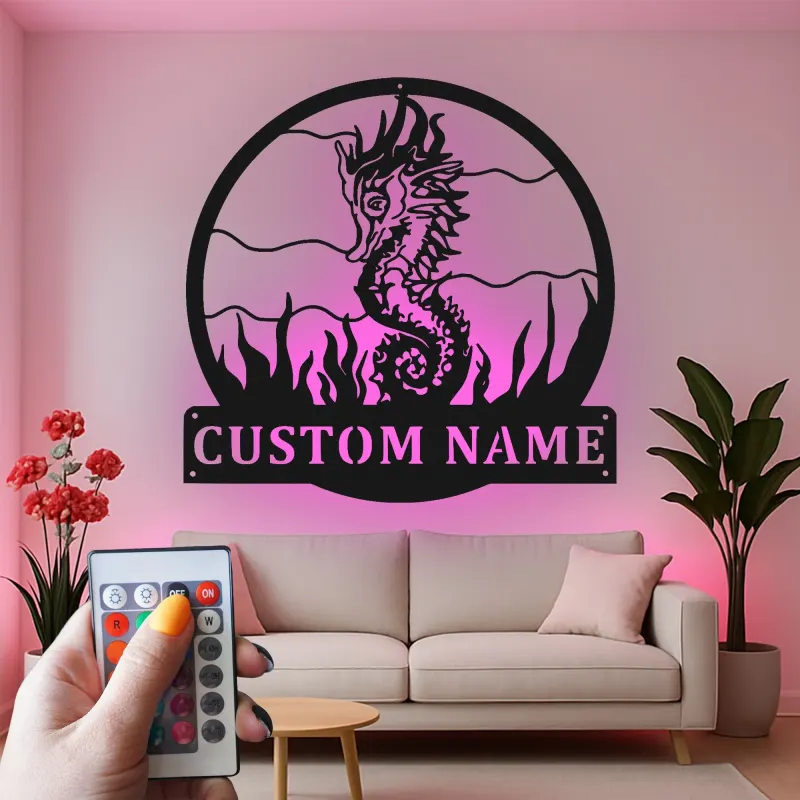 Cartel de metal personalizado de caballito de mar | Arte mural de luz LED | Decoración náutica personalizada para casa de playa | Regalo para amantes del océano