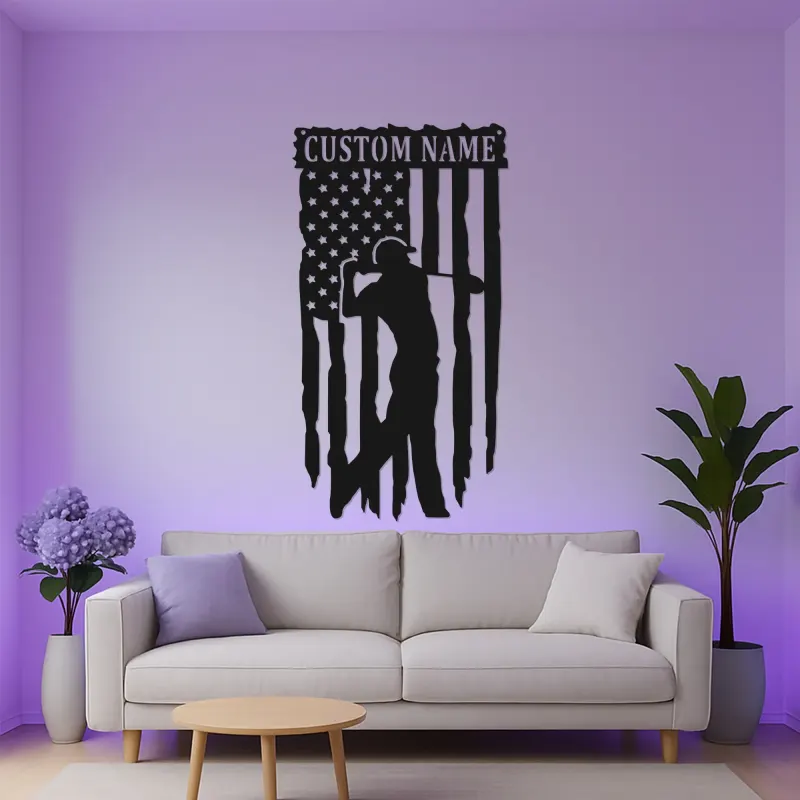 Insegna in metallo personalizzata per golfista con LED | Arte murale con nome e bandiera USA | Regalo patriottico per man cave e ufficio