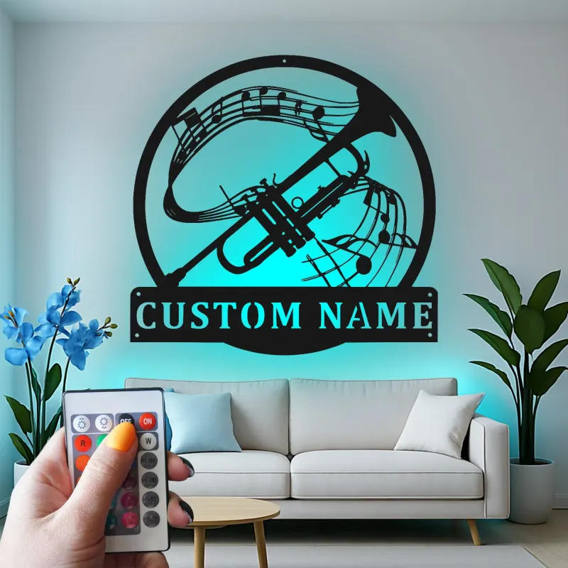 Insegna in metallo personalizzata con note musicali e LED per tromba - Regalo per musicisti - Decorazione per sala musica