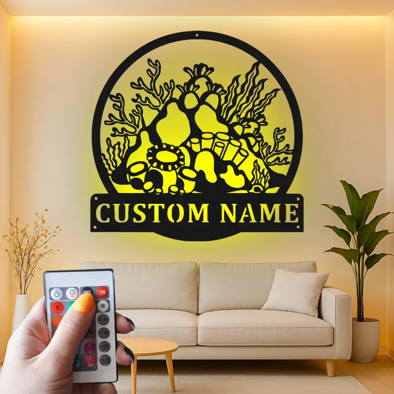 Cartel de metal personalizado con luz LED de arrecife de coral, regalo personalizado para amantes del océano, decoración náutica para casa de playa