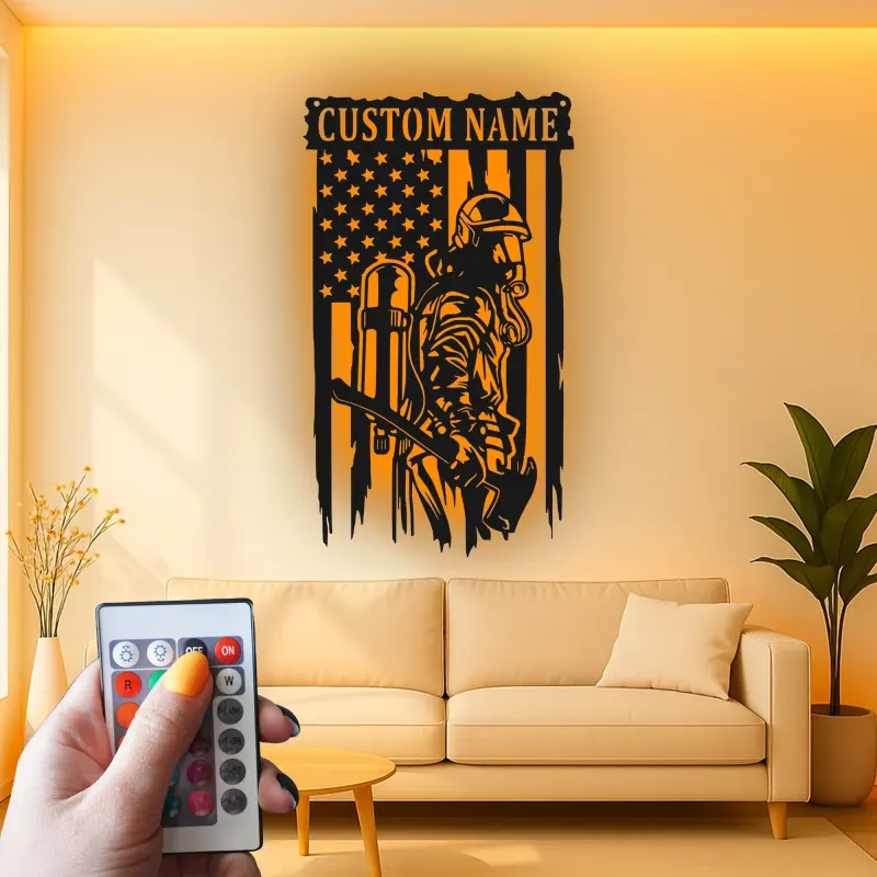 Cartel LED de bombero personalizado | Arte mural de bandera americana | Regalo personalizado para bombero | Decoración de héroe en la pared