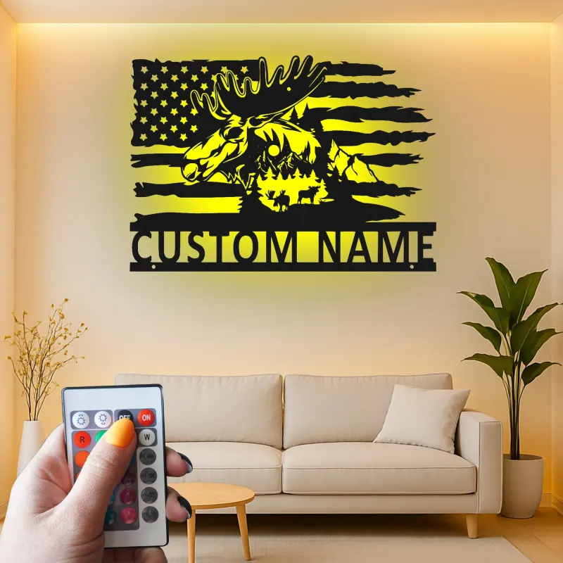 Custom Moose LED Metal Wall Art | Personalized Rustic Cabin Decor | Lighted American Flag Wildlife Sign | Hunter Gift