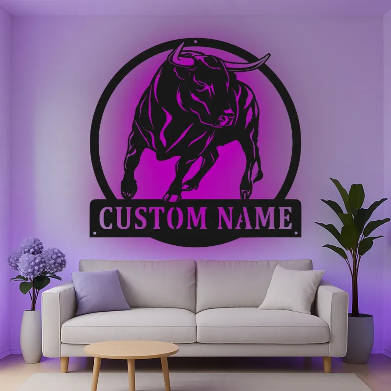 Décoration murale en métal personnalisée avec éclairage LED de taureau - Cadeau pour éleveurs - Décor de ferme rustique