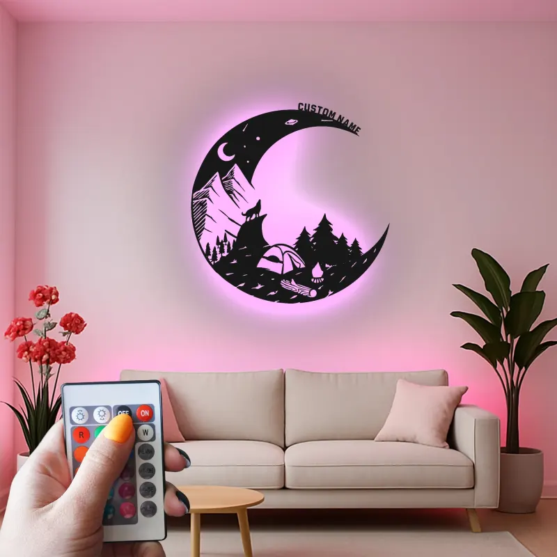 Insegna in metallo LED personalizzata con scena di campeggio regalo per appassionati di outdoor decor per cabin rustica