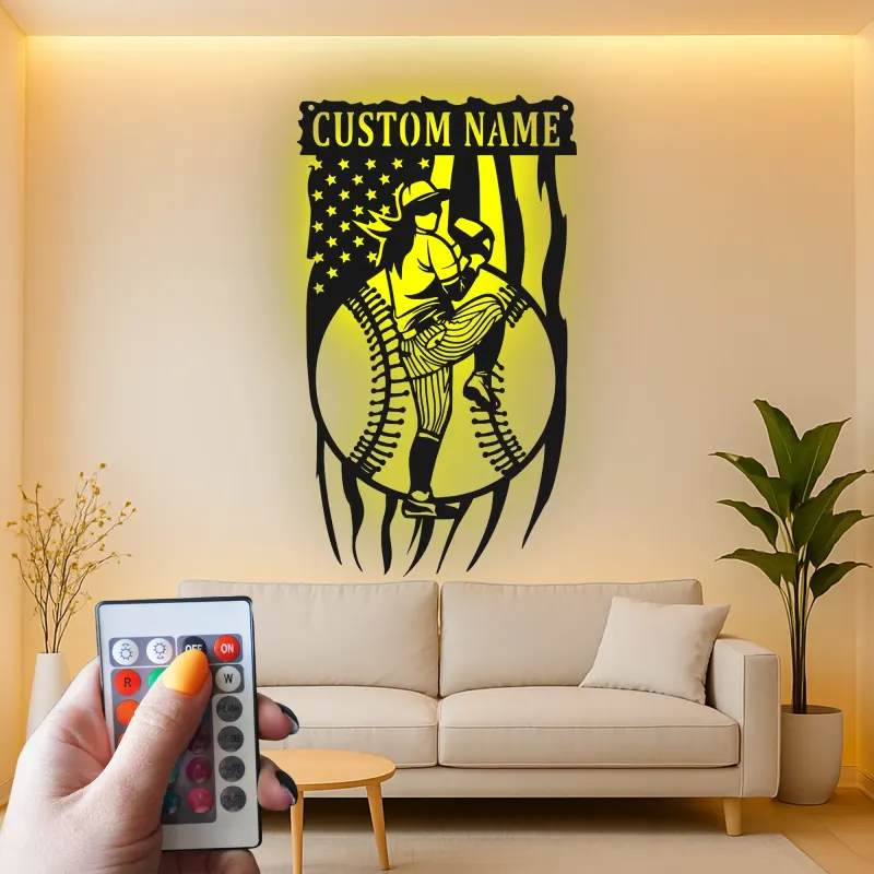 Décoration murale en métal personnalisée avec rétroéclairage LED pour lanceur de baseball - Cadeau sportif pour les fans de baseball