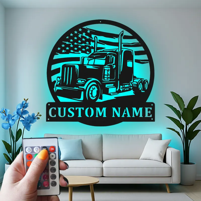 Panneau Métallique LED Personnalisé de Camion Semi | Art Mural avec Drapeau Américain | Cadeau Personnalisé pour Camionneur pour Man Cave & Garage
