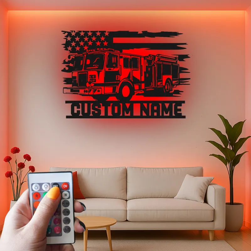 Enseigne personnalisée pour pompier en métal avec LED | Décoration murale personnalisée de camion de pompiers | Cadeau pour pompier pour déco de caserne